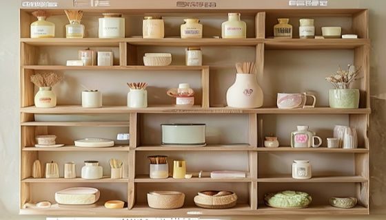 二妹宝库六大品类好物展示，美妆护肤穿搭家居母婴零食数码产品整齐摆放，色彩丰富温馨的平铺摄影风格