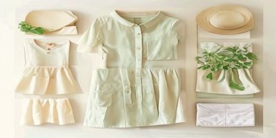 二妹宝库夏日穿搭好物推荐，清新亚麻材质服装平铺展示，自然光线温馨氛围